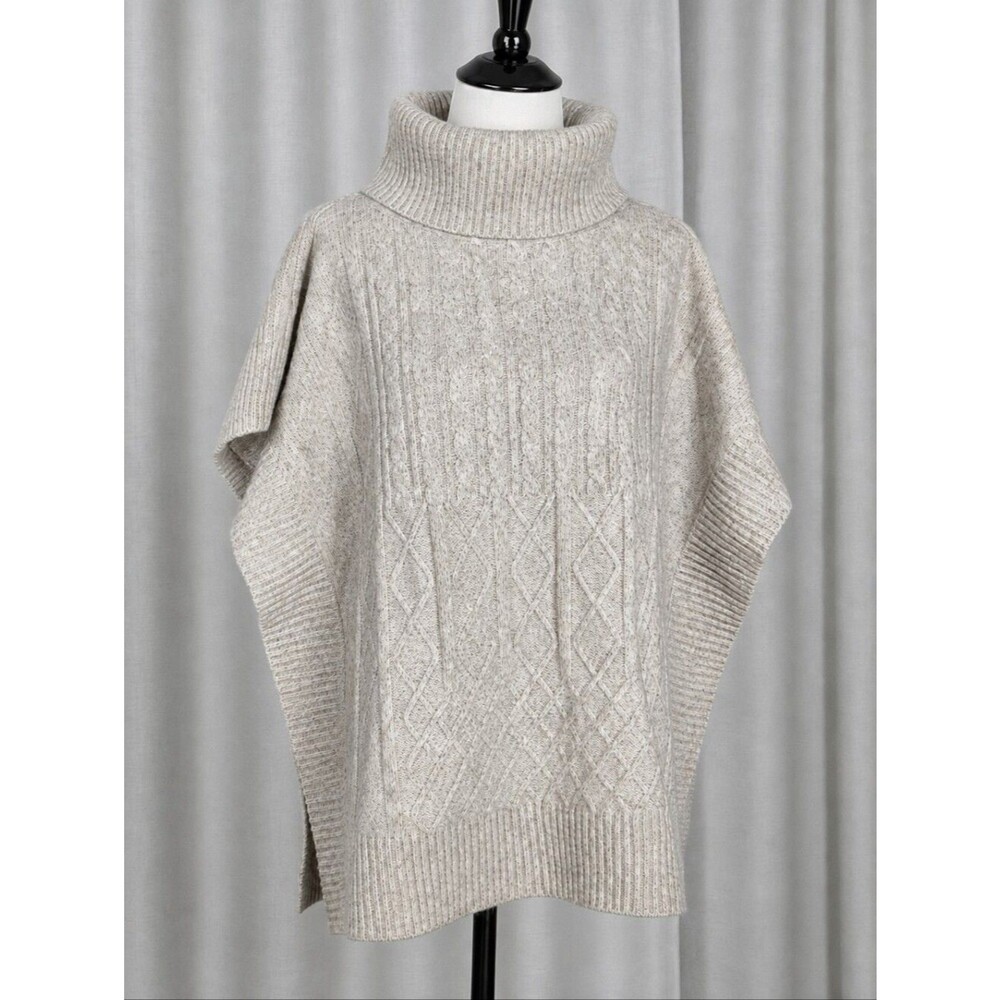 LOFT Heather Oatmeal Wool Blend Cable Knit Turtle Neck Oversized Poncho Sweater